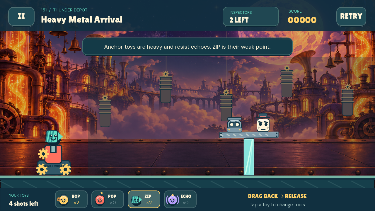 A later Knock ’Em Down puzzle with heavy structures.