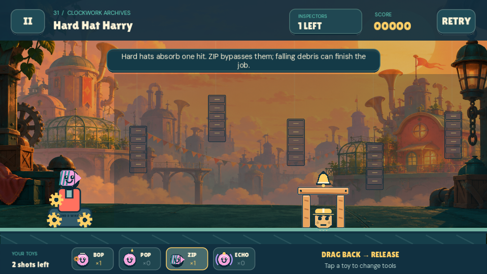 A toy launcher and wooden structures in Knock ’Em Down level 31.