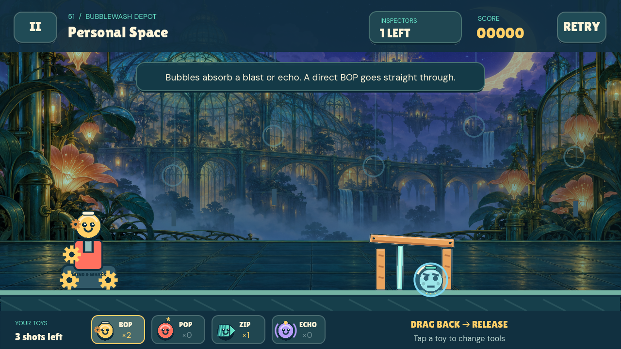 The bubble enemy puzzle in Knock ’Em Down.