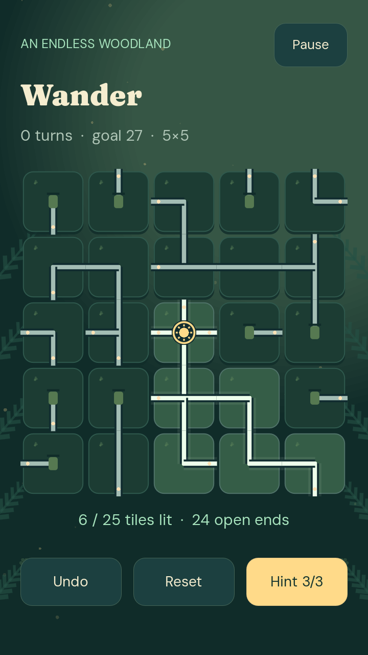The Wander puzzle mode in Mosslight.