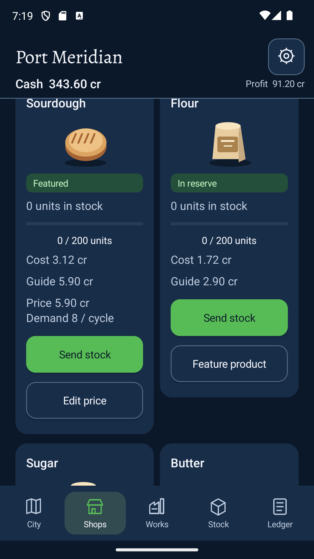 The products and stock interface in Port Meridian.